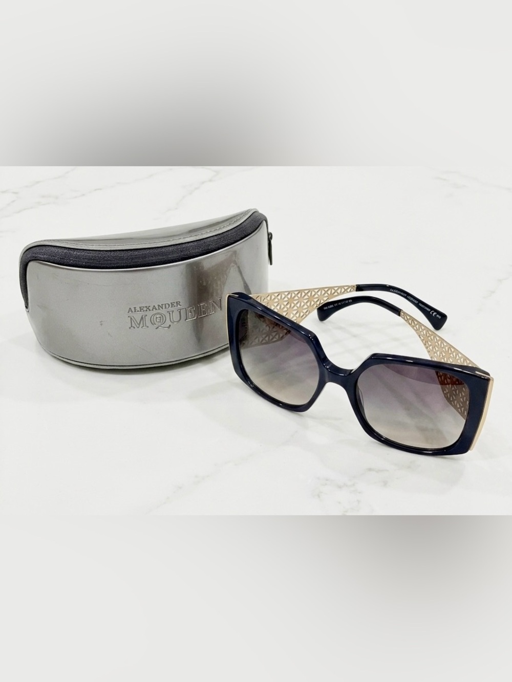 Alexander McQueen Black Sunglasses Silver-tone Pewter lattice Metal Accents COA - Picture 3 of 15